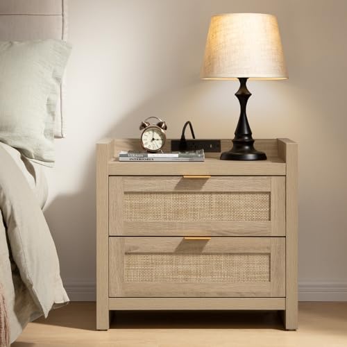 Image of SICOTAS Rattan Nightstand Bedside Table - Night Stand with Type-C Charging Station, 2 Drawers Storage - Boho Night Stands End Table for Bedroom - Light Oak