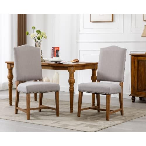 CIMOTA Mid Century Modern Dining Chairs Set of 2, Farmhouse Upholstered Dining Room Chairs Comfortable Kitchen Side Chairs with High Back/Natural Solid Wood Frame, Linen Beige Beige 2PCS