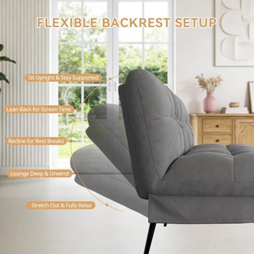 COMHOMA 72″Futon Sofa Bed,Modern Convertible Sleeper Sofa, Fabric Futon Couch with Multi-Position Backrest for Living Room Furniture (Grey) - Thumbnail 6