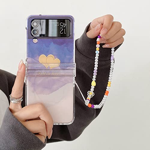 Coque Samsung Galaxy Z Flip 4 violette transparente avec motif feuilles et bracelet chaîne