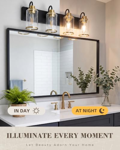 Image of Beionxii 4 Light Bathroom Light Fixtures, Blac and Gold Vanity Lights with Clear Glass Shades, Vanity Lights Over Mirror, Wall Sconces for Kitchen Living Room Hallway Cabinet Porch, BX-VL01BKG-4CG