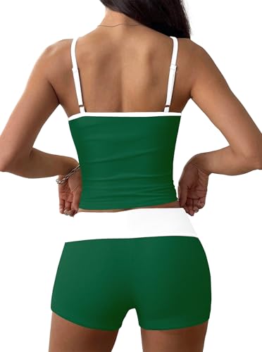 Image of Hilinker Womens Graphic 2 Piece Pajama Set Summer Cute Crop Cami and Shorts Ribbed Lounge Sets