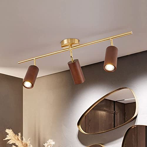 Spot LED de plafond en bois de noyer avec rail rotatif réglable pour cuisine, salle à manger et couloir. Lampes d'accent directionnelles à 2 lumières, 3 lumières, 6000 K.