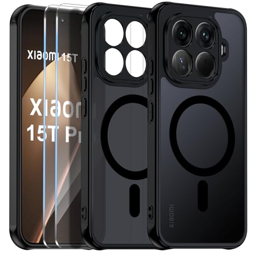 COPIKE Funda Magnética para Xiaomi 15T Pro 5G (No para 15T) con 2 Cristal Templado, Compatible con MagSafe Carcasa Antigolpes Translúcida Trasera, Mate Negro