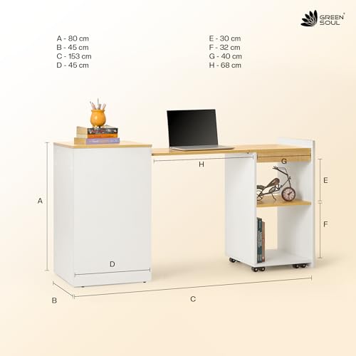 Image of Green Soul Kyoto XL Foldable Study Table with Space-Saving Design, Expansive Tabletop, Storage Shelves, Ideal for Study, Bedroom, or Home Office (White Oak) Installation Provided