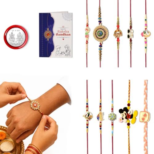 Image of Periapt Rakhi Gift Set for Brother & Bhabhi - Traditional Rakhis with Silver Coin & Greeting Card - Combo for Raksha Bandhan