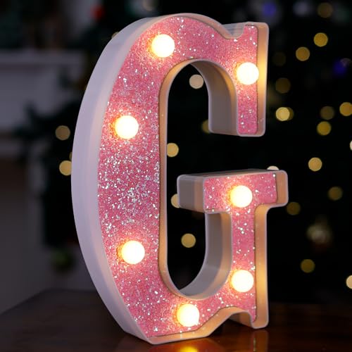 Image of LED Letter Lights Pink Glitter Marquee Letters Light Up Alphabet Letters Sign Battery Powered for Home Party Decoration Night Bar Wedding Birthday Christmas Lamp Girls Gift - Letter G