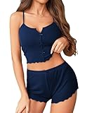 Avidlove Cami Short Set for Women Sexy 2 Piece PJ Set Ribbed Lingerie Sleepwear Set Cute Nightwear with Bow Navy Blue S