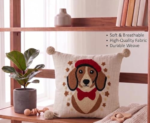 Image of Dog Embroidered Cushion Cover 16 x 16 Inches or 40x40 cms Cotton Fabric Cushion Covers for Sofa Set /Diwan Beds, Sofa Throw Pillow Cover only, Set of 1 Pc