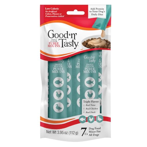 Good 'n' Tasty Triple Flavor Puree Mix-Ins Dog Food Topper Treats for All Dogs, 7 Count, Easy Single-Serve Portions, Added Protein with Tuna, Chicken and Duck
