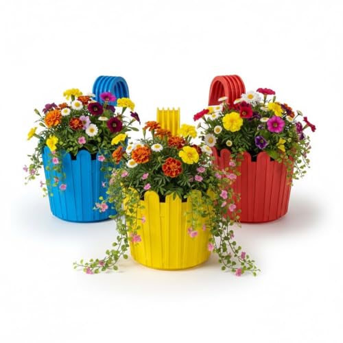 Image of Premium Railing Planter with Hook - Durable Plastic Hanging Flower Pot for Balcony, Fence Design Gamla for Indoor /Outdoor Plants, Herbs & Creepers (Pack of 3) (3, Green)