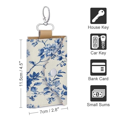 Blue And White Floral Motifs Key Holder Bag PU Leather ID Card Holder Keychains Case Cover for Men Women2