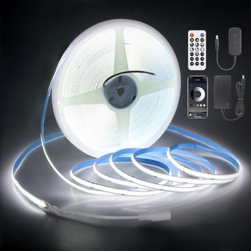 Image of Aclorol 50FT White LED Light Strip COB 24V with Remote Cold White 6000K | Dimmable Rope Light with App Control, 8mm Width for Bedroom Shelf Cabinet Living Room, Flexible and Cuttable, 320 LEDs /M