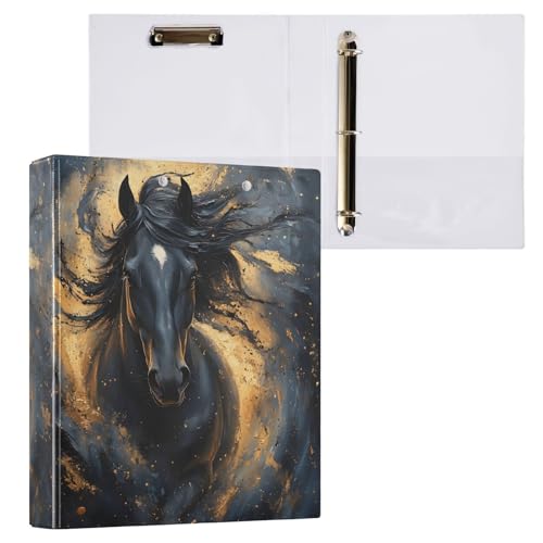 Image of 3 Ring Binder Horse Black Pattern a 1.5 inch Binders Three Ring Binders with Clipboard Fit 8.5'' x 11'' Paper 3 Interior PVC Clear Pockets for Office Supplies