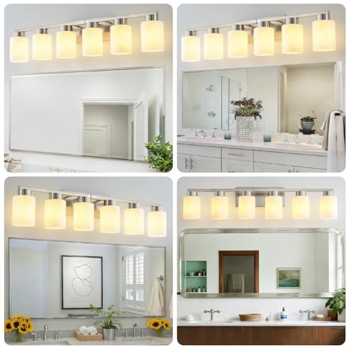 Image of 6-Light Bathroom Light Fixtures, Modern Vanity Lights, Brushed Nickel Metal Wall Lamp with White Marble Glass for Bathroom, Mirror, Living Room, Bedroom, Cabinet, Porch, Hallway, E26 Base