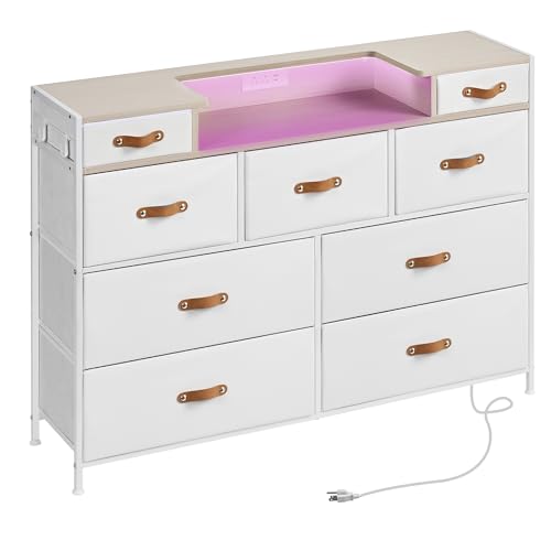 Image of SANGMUCEN White Dresser for Bedroom, Chest of Drawers with LED Light and Charging Station, 9 Fabric Drawers Tall Wide Dresser for Organizer Cabinet Bedroom,Living Room,Hallway, Entryway, Bedroom