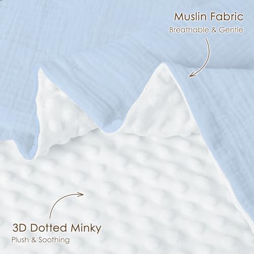 Image of Baby Blankets for Boys, Soft Nursery Minky Blankets with Muslin and Dotted Fleece Back 30x40 inches, Receiving Bed Quilt for Newborn, Infants, Toddlers (Light Blue)