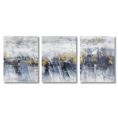 Peinture moderne bleu gris blanc or art mural 3 pièces 43x53cm avec cadre