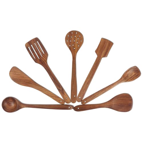 Image of Green Wood Natural Wooden Spoon Set for Cooking Includes Frying Serving Spatula Chapati Dessert Rice Spoons Wooden for Nonstick Cookware Kitchen Utensils and Cooking Spoon Set of 7