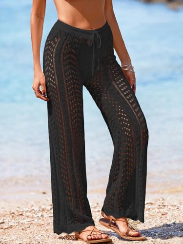Womens Crochet Knit Elastic Waist Tie Beach Coverup Pant Summer 2025 Trendy Outfits Bathing Suit Cover Up Pants2