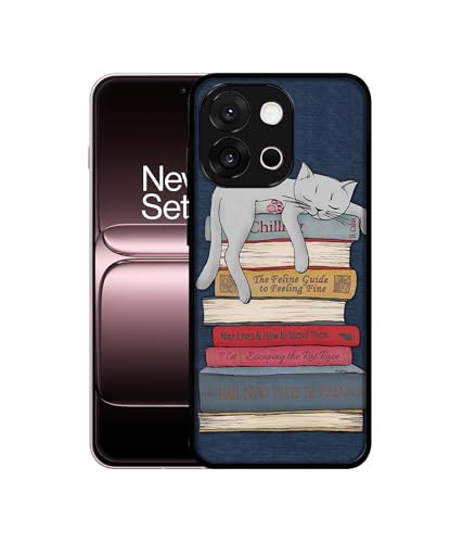 Image of Cat Sleeping On The Books Design Premium 2D Printed Metal Back Case Cover for OnePlus 13s 5G / 13T 5G