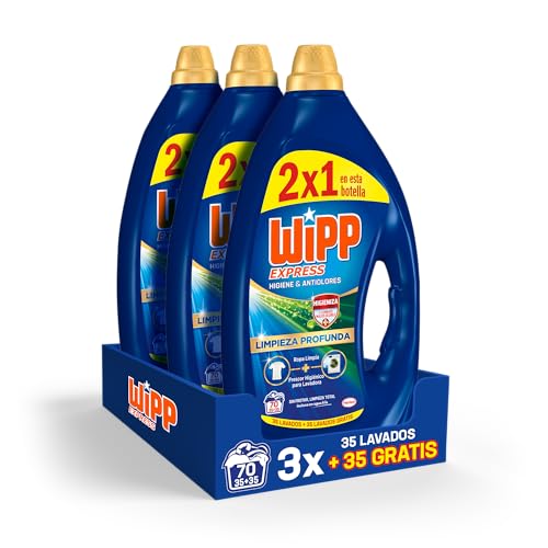 Wipp Express Detergente Liquido Higiene & Anti Olores para Lavadora, 35+35 lavados, Pack de 3 - Total 210 Lavados