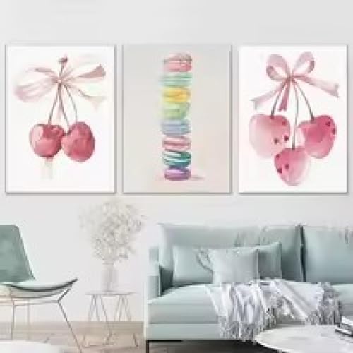 Impression toile cerises roses macarons style aquarelle décoration murale vintage salon 50x70