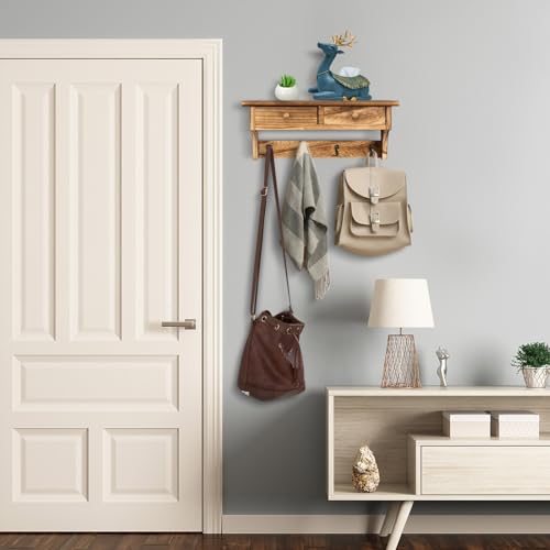Emfogo Coat Hooks Wall Mounted, Rustic Wood Coat Rack Wall Mount Shelf with Hooks, Farmhouse Wall Coat Rack with Shelf & Vintage Coat Hook for Entryway, Mudroom, Bedroom, Kitchen, Bathroom (Brown) by Emfogo - Image 3
