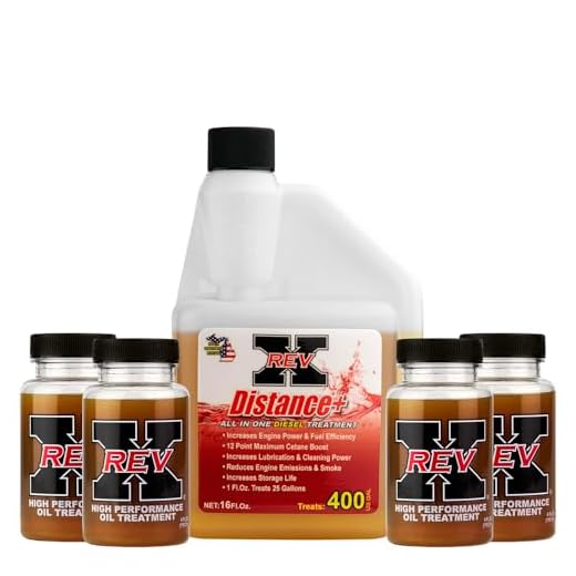 REV X Original Diesel Kit Plus - Distance+ Fuel Treatment (16oz) + High Performance Oil Additive (4 Pack)