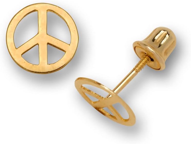 Jewelryweb - Solid 14K Gold Small Polished Peace Sign Screw back Earrings – 7mm - Yellow Gold, White Gold, Rose Gold – Boho Earrings for Women Teens – Hippie Earrings Stud