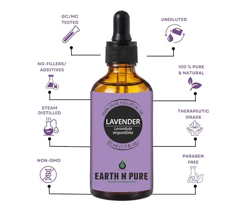 Image of Earth N Pure Lavender Essential Oil Sleep & Relaxation | GC /MS Tested | Rich in Linalool & Linalyl Acetate for Diffuser, Skin & Hair - 50ml