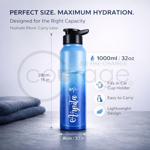 Image of COURAGE Stainless Steel Customize Sipper Water Bottle 1Liter Leak Proof for Fridge Home Office Travel School Kids Boys Girls Adults Sports Gym Yoga - Light Blue - Dark Blue