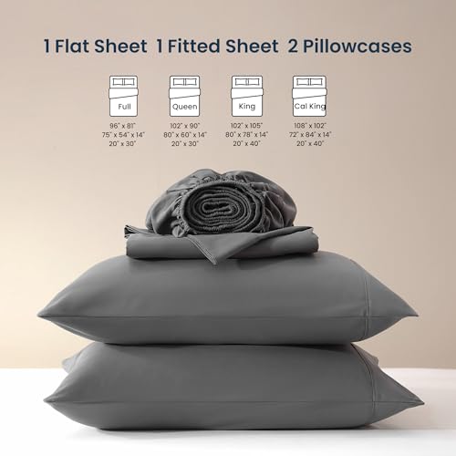 SLEEP ZONE Nanotex Super Soft Cooling King Bed Sheets Set 4 Piece - Easy Care Fitted Flat Sheet & Pillowcase Sets - Wrinkle Free, Fade Resistant, Deep Pocket 16" (Gray, King)