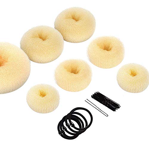 Donut Bun Maker, Teenitor Hair Bun Maker Ring Style Bun Maker Set with 5 Bands& 20 Bobby Pins & 7 Buns For Chignon Hair Styles Beige (2 Small 2 Medium 2 Large 1 Extra-large)