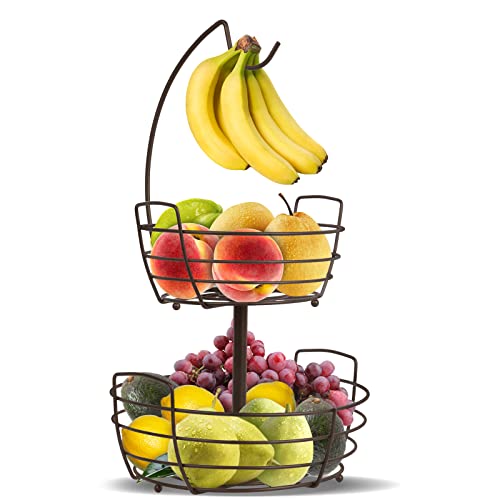 Casier à fruits à 2 niveaux, corbeille à fruits avec cintre pour banane, comptoir de cuisine, bols à fruits et légumes, parfait pour contenir des fruits, des légumes, des œufs, des collations (bronze) Cover