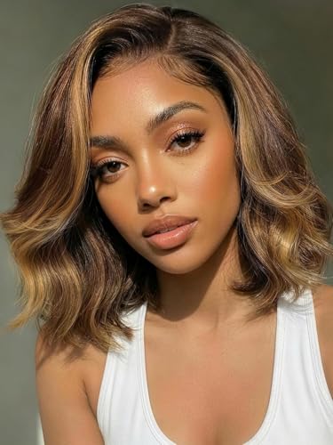 UNICE 13x4 Lace Front Bob Wig Human Hair Glueless Pre Plucked Pre Cut Chocolate Brown Balayage with Caramel Money Piece Highlights Shoulder Length Wavy Layered Drawstring Wig No Slip 14 inch