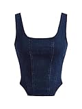 SOLY HUX Women's Square Neck Sleeveless Denim Top Zip Up Back Asymmetrical Hem Crop Tank Top Solid Dark Blue L