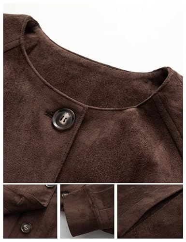 Women’s Cropped Faux Suede Jacket Crew Neck Button Down Outerwear Long Sleeve Oversized Bomber Jacket3