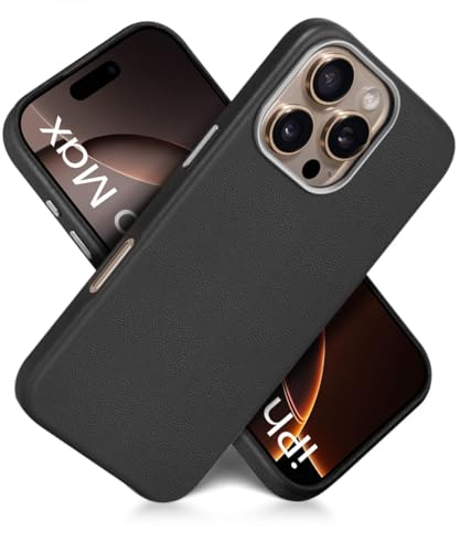 Image of WOW IMAGINE Back Cover for iPhone 16 Pro Max | Shockproof Tough Leather Texture Hard Mobile Case | Ultra Slim Non-Slip Grip | Inner Velvet Fabric | Metal Camera Ring - Black