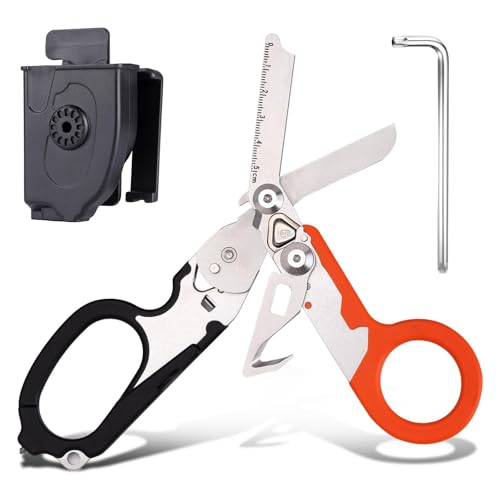 6 in 1 forbici pieghevoli, forbici soccorso, pinze tattiche pieghevoli con taglierina cinghia e interruttore vetro per soccorso (arancione nero)