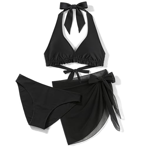 Bikini Mädchen Teenager Kinder Schnürung Badebekleidung mit integrierter Polsterung Badeanzug Set Schwimmanzug mit Rock 3pcs Schwarz 164