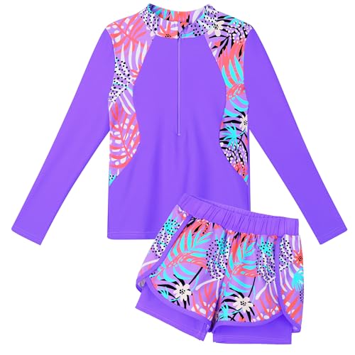 TFJH E 2PCS Girls Long Sleeve Swimsuit UV 50+ Rashguard Tankini Set Kids Swimwear Zipper 3-12Y