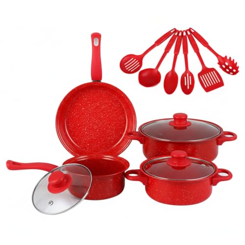 Image of Otbushit Nonstick Cookware Set, 13-Piece Non Stick Pots and Pans with Frying Pan, Saucepans, Milk Pot & Utensils for Home Cooking, Red