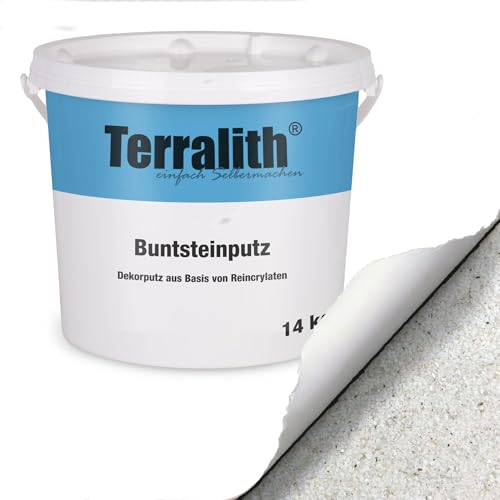 Terralith Buntsteinputz 14kg in weiß-glas, Sockelputz für Innen und Außen mit Reinacrylat Bindemittel aus Naturstein, 1-2mm Körnung (BSP80)