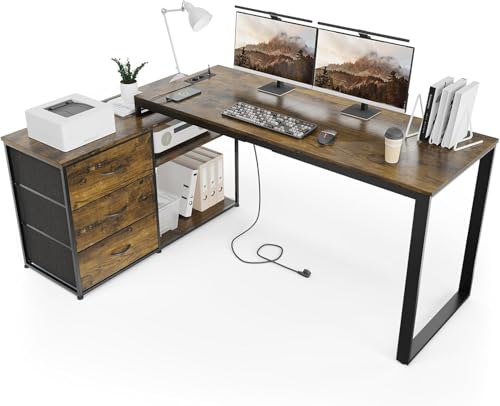 TRIUMPHKEY Bureau avec 3 tiroirs, 140 x 105 x 75 cm, Bureau d'angle avec étagères, réversible en Forme de L avec 2 Ports de Charge USB et 2 Prises de...