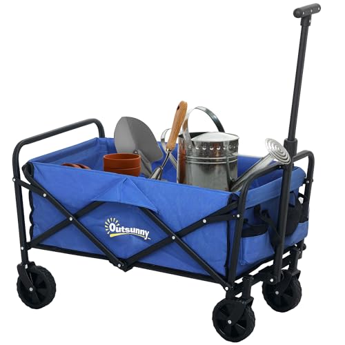 Outsunny Carro Playa con Ruedas Carro de Jardín Plegable con Asa Telescópica Ajustable 2 Bolsas de Almacenaje Carga 100 kg Carrito Transporte para Todo Terreno Jardín Campaña Compra Azul