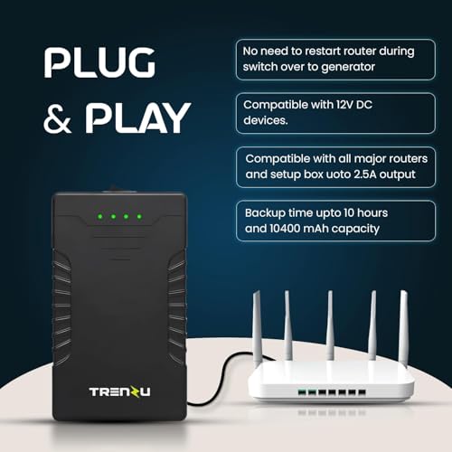 Image of Trenzu 12V Mini UPS for WiFi Router | 10400mAh Battery Backup up to 10 Hours | Supports Airtel WiFi, JioFiber, Router, Modem & CCTV | Replaceable Battery & Surge Protection