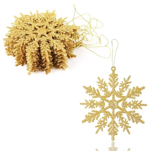 SULOLI 12 Pezzi Glitter Fiocchi di Neve,10 cm,Decorazioni da Appendere per Albero di Natale (Oro)