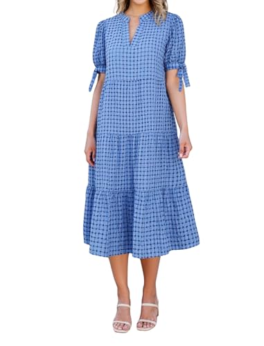 Image of Theenkoln Womens Casual Midi Dress: Short Sleeve V-Neck Empire Waist Gingham Spring Fashion Long Trendy Tiered Formal Dresses