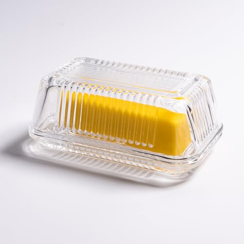 Reversible Glass Butter Dish with Lid, Modern Wide Covered Clear Crystal Butter Dish for Countertop & Refrigerator